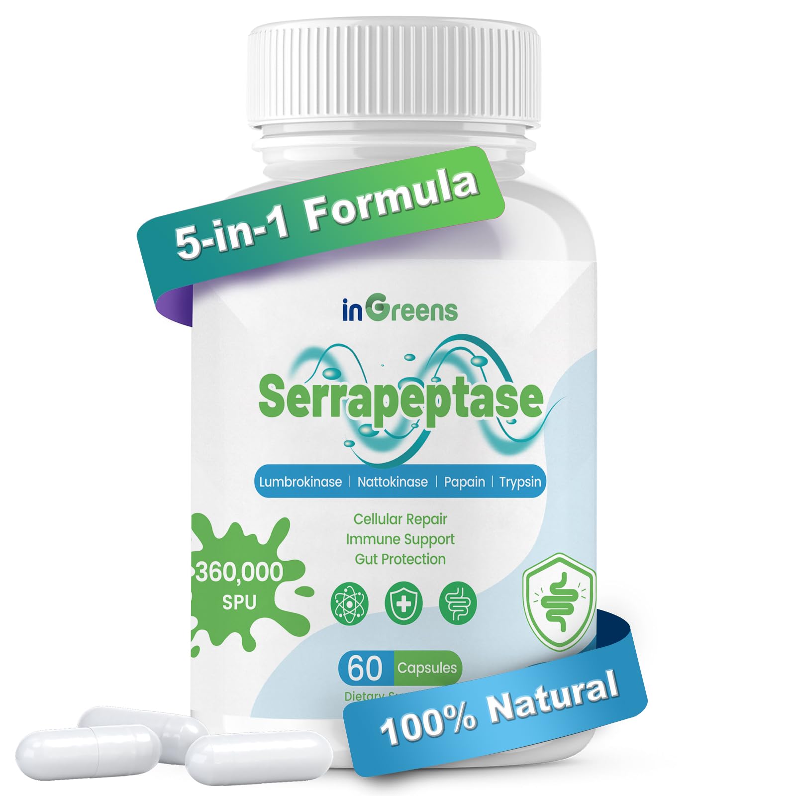 inGreens 5-in-1 Serrapeptase supplement bottle with 60 capsules