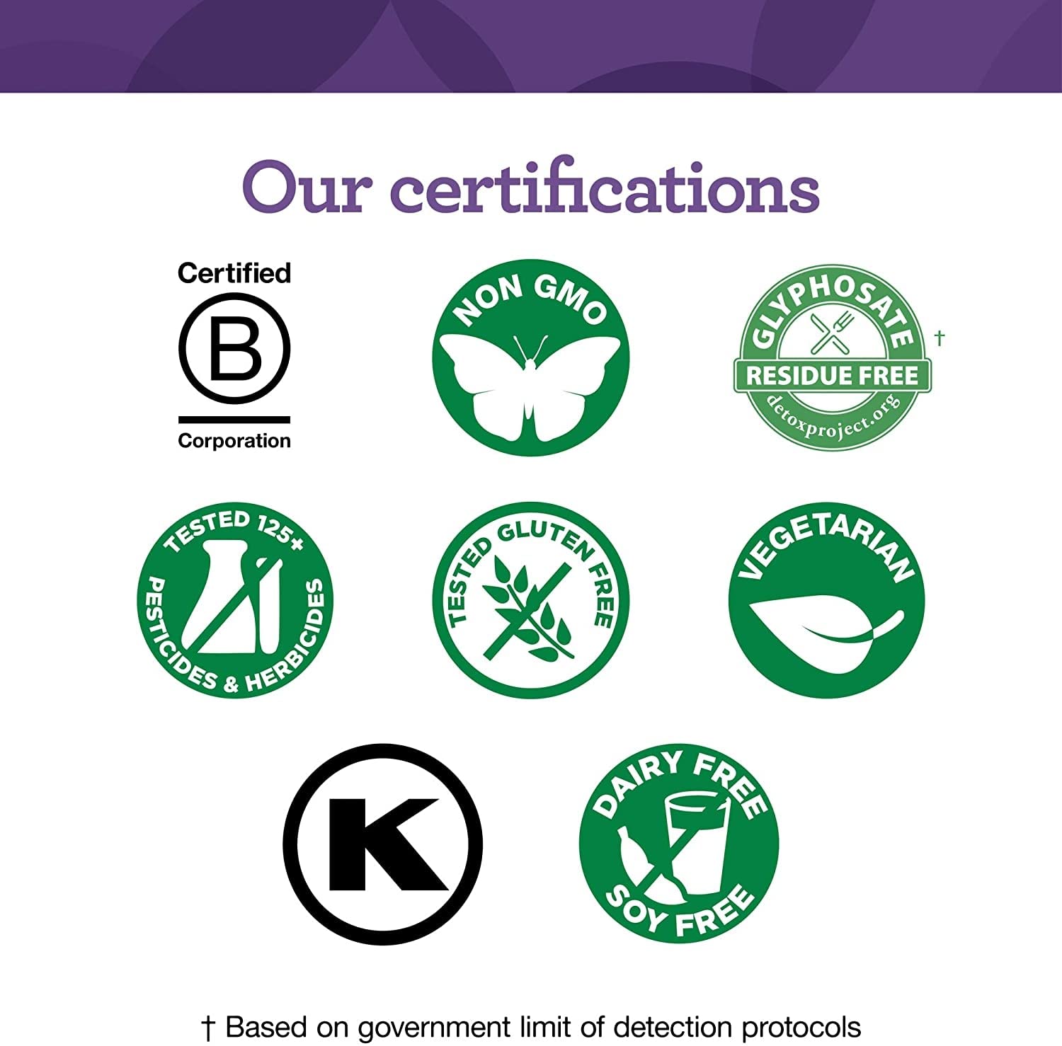 Quality certifications including B Corp and Kosher