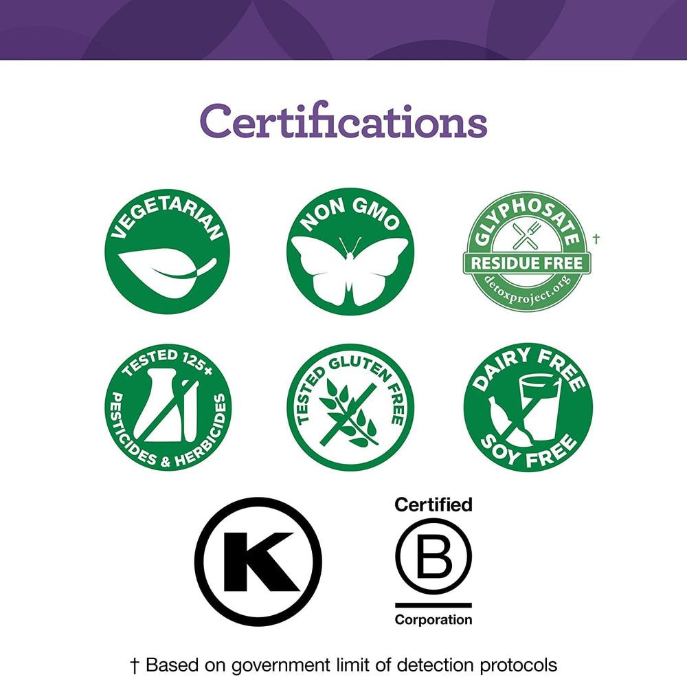 Certification seals: Kosher, Gluten-Free, Non-GMO