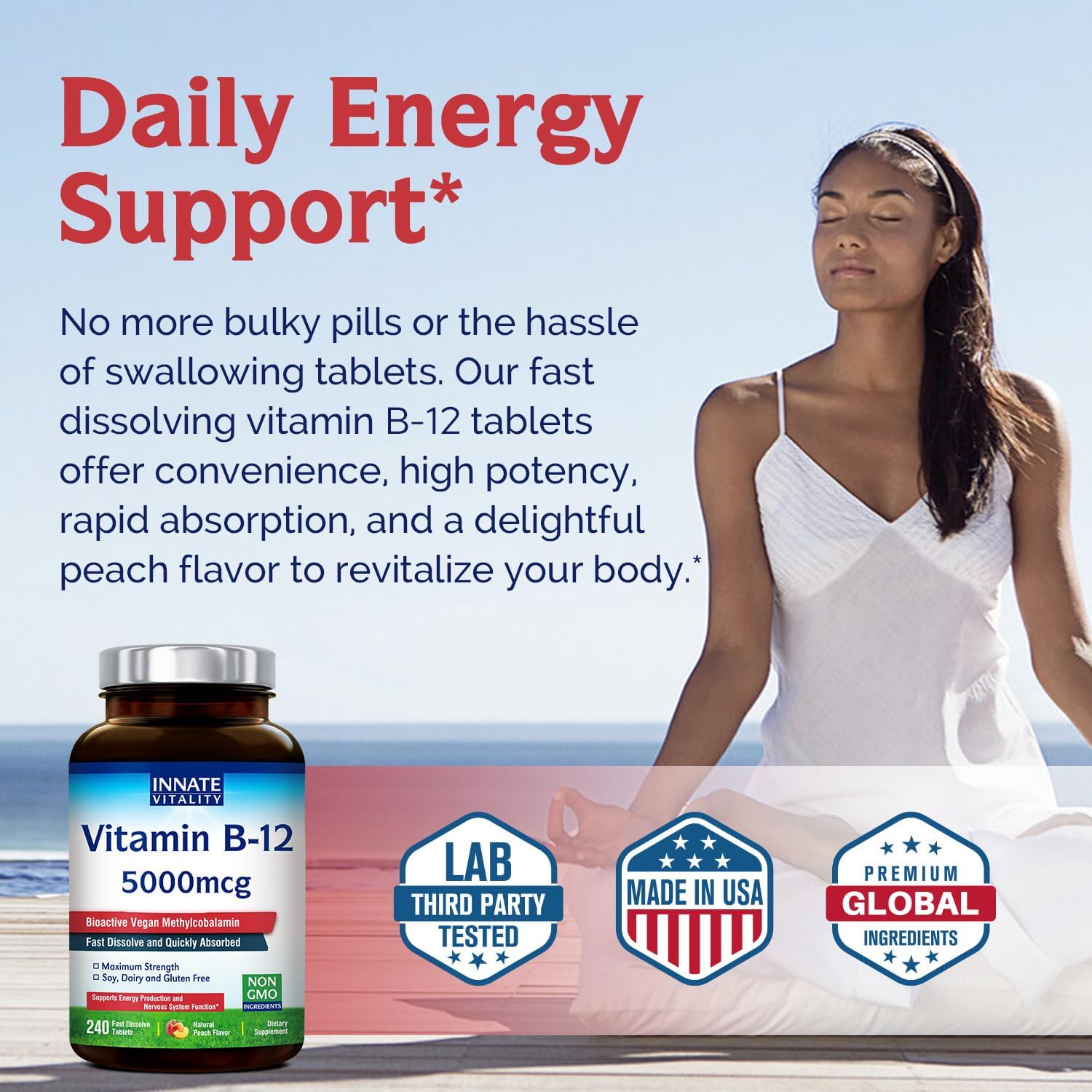 Ingredients and non-GMO icons for Innate Vitality B12
