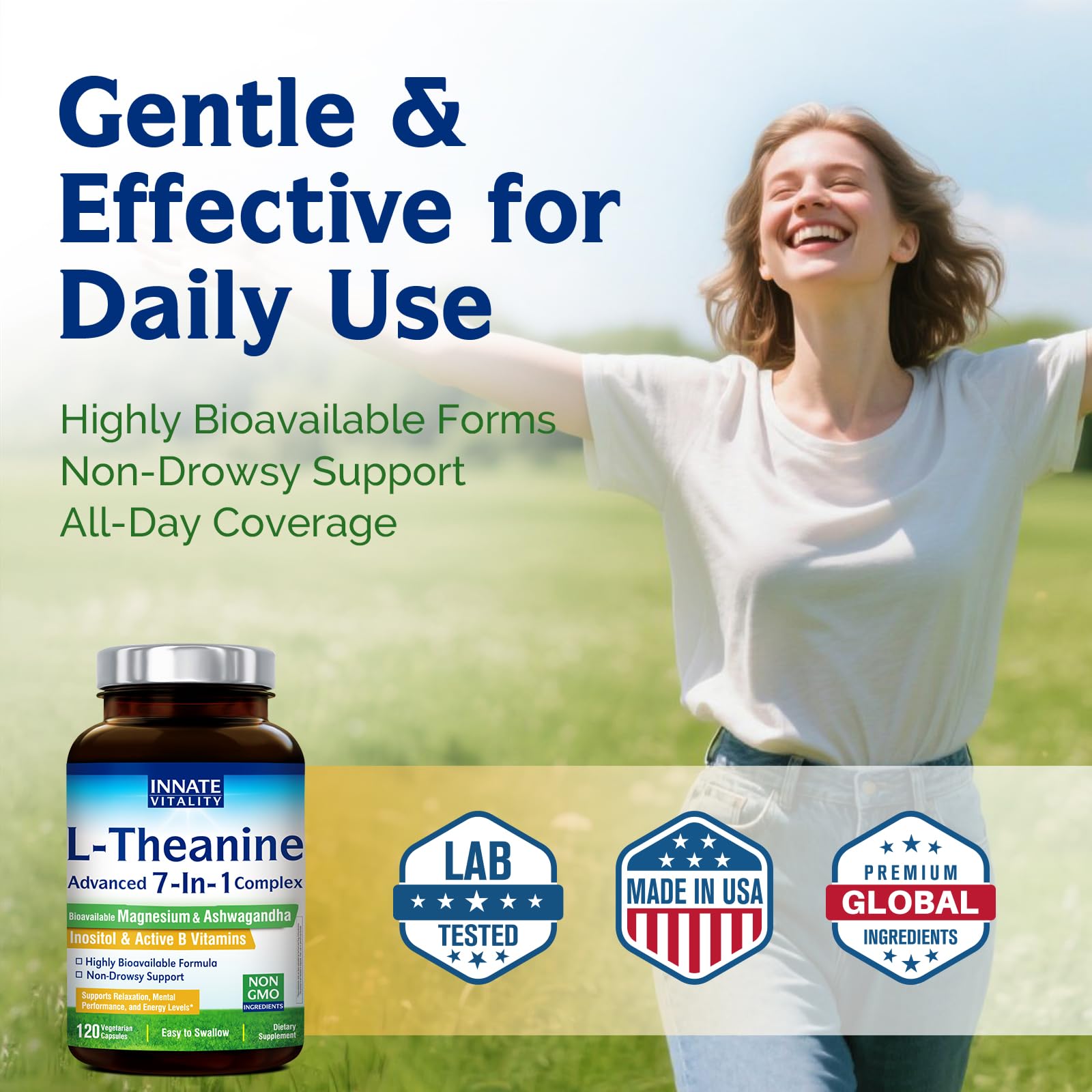 Innate Vitality open bottle with 120 capsules illustrating long-lasting supply and convenience