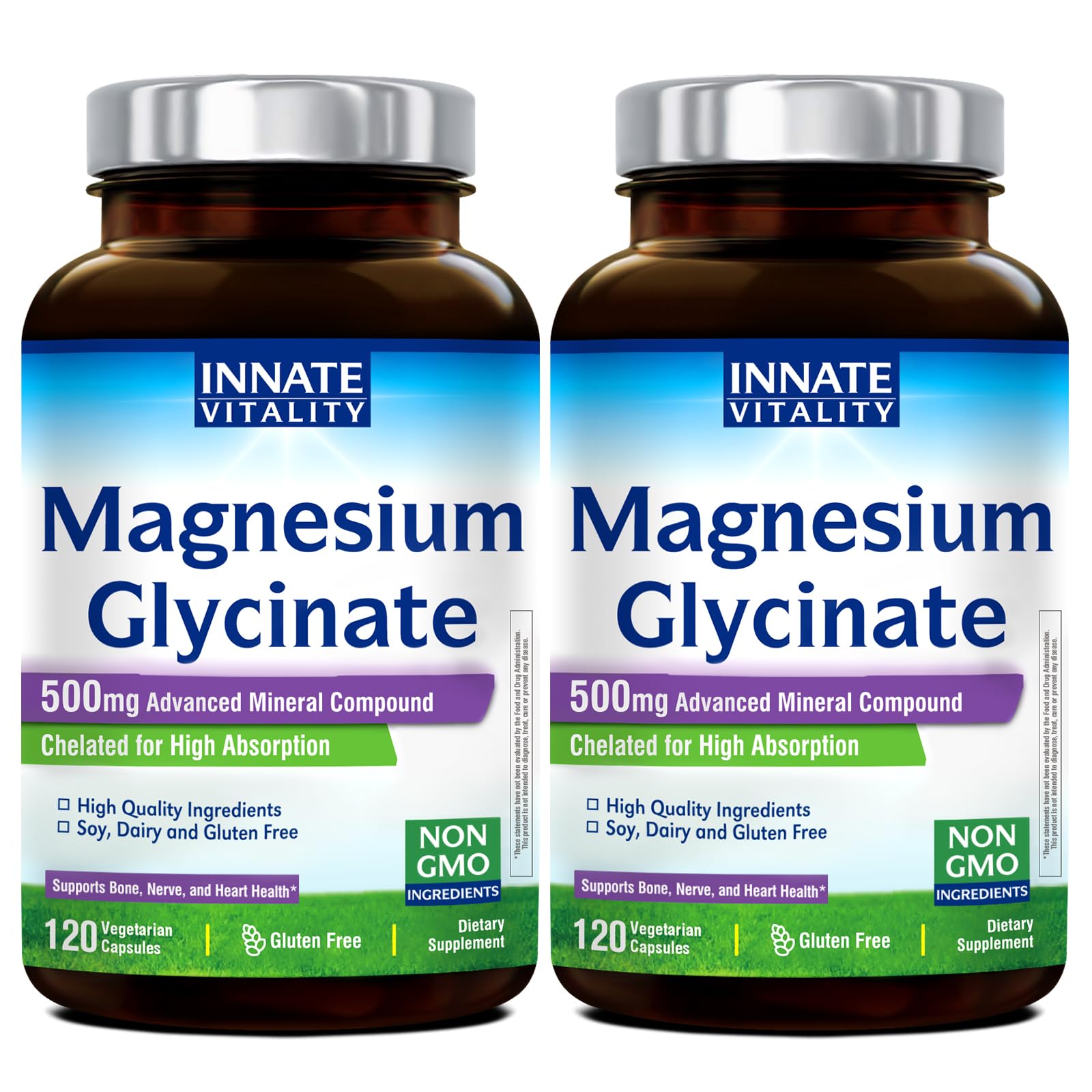 Innate Vitality Magnesium Glycinate 500mg bottle front view, vegan and non-GMO formulation.