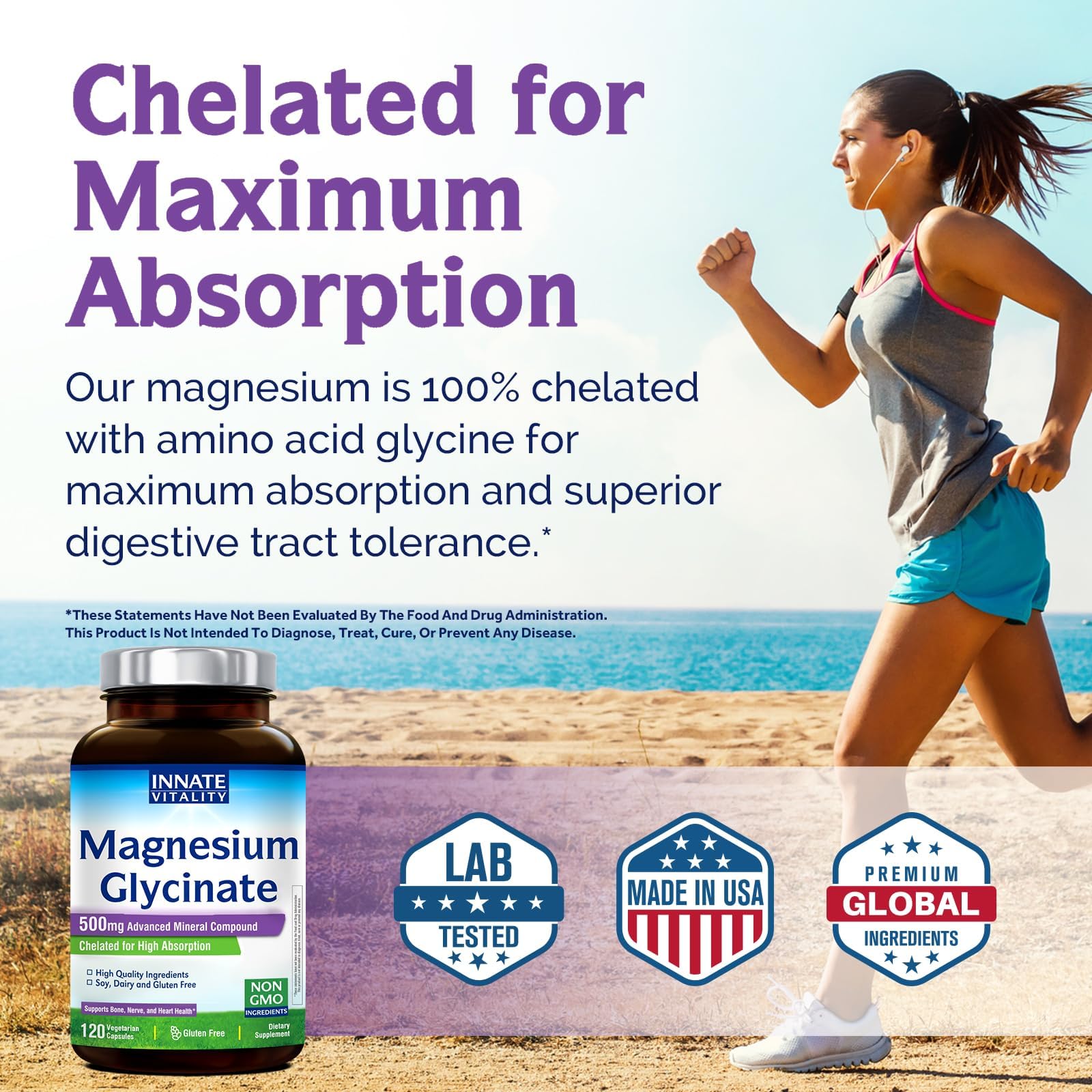 Innate Vitality Magnesium Glycinate packaging shows non-GMO and kosher/halal notes.