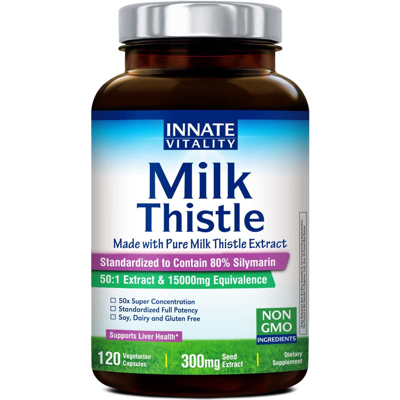 Innate Vitality Milk Thistle bottle with 120 veggie capsules on white background