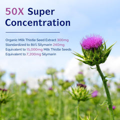 Product label highlighting 15000 mg equivalent and 80% silymarin