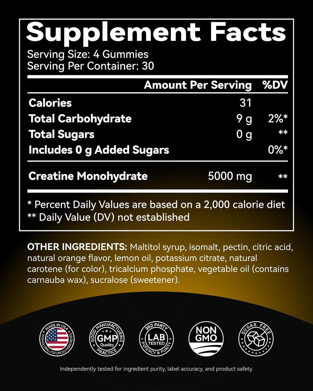 Graphic illustrating 5000 mg creatine monohydrate per serving