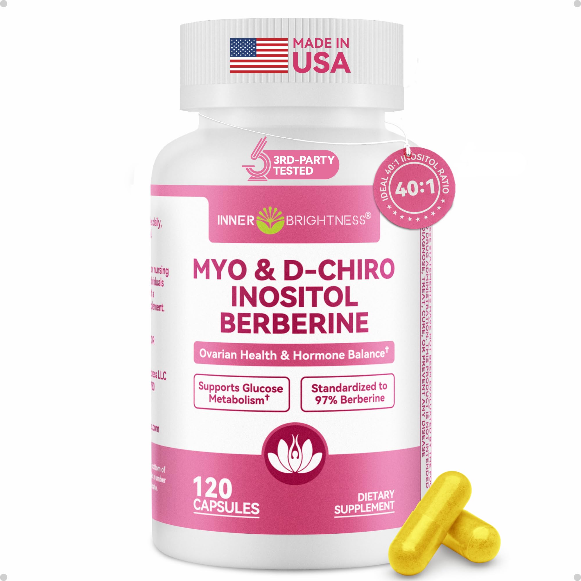 Inner Brightness front label showing product name and 40:1 inositol benefits