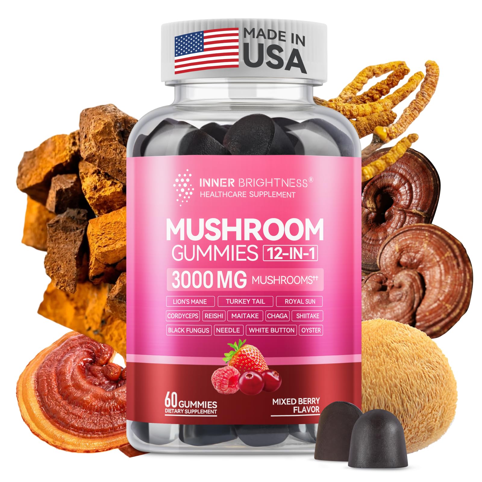 Inner Brightness Mushroom Gummies bottle with Mixed Berry flavor, 60 count