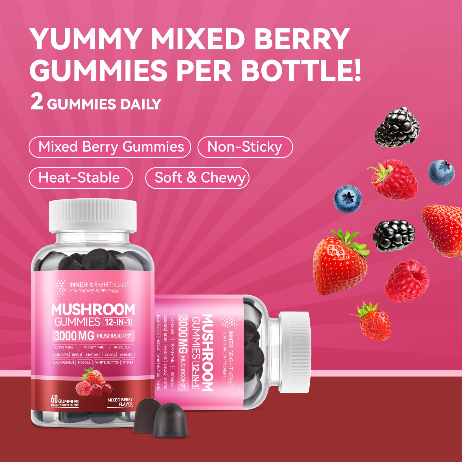 Mushroom focus and energy gummies in mixed berry flavor