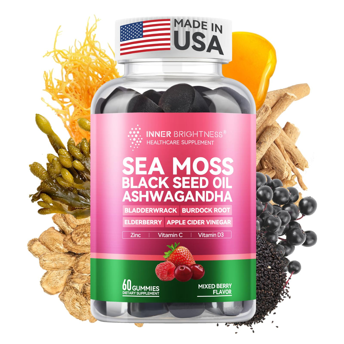 Bottle of Inner Brightness Sea Moss Gummies with 4000mg, Ashwagandha and Elderberry