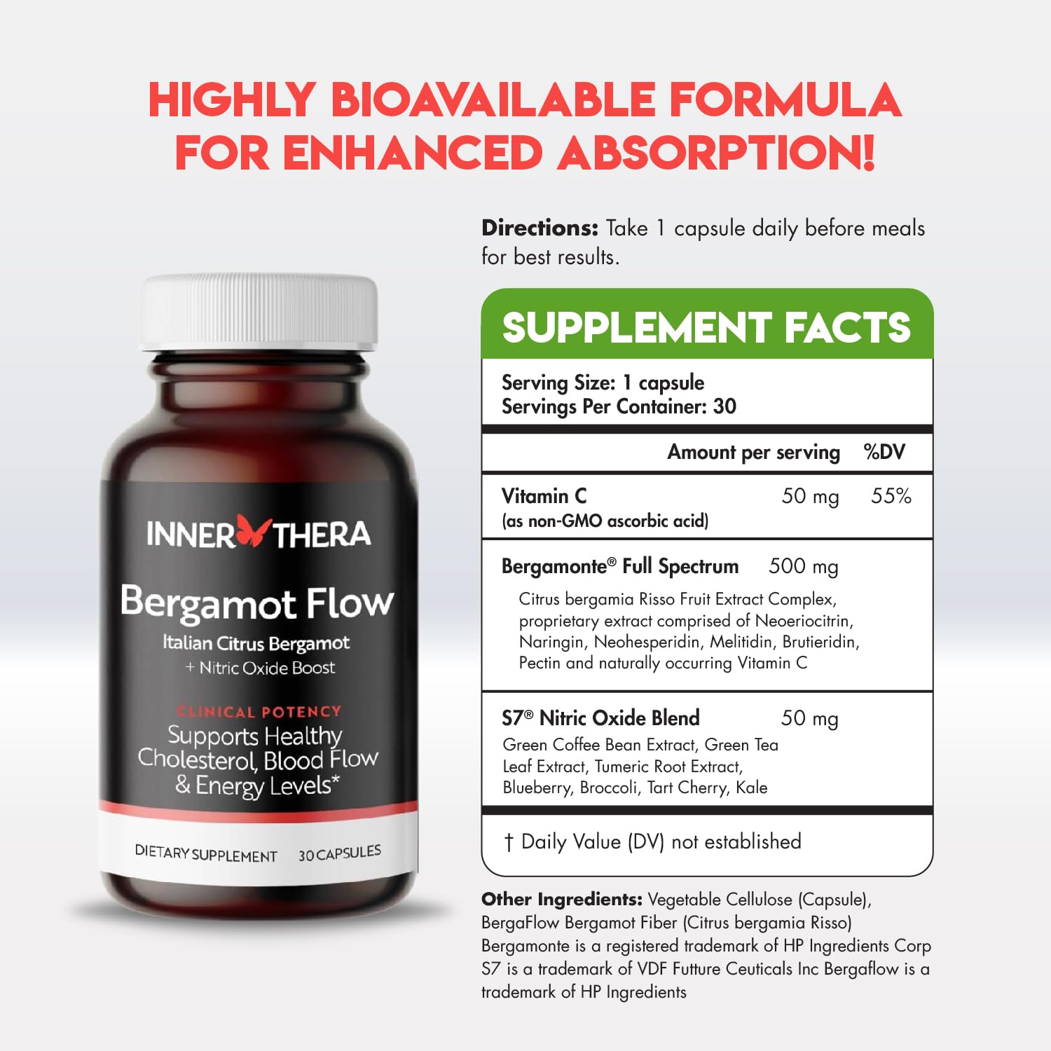 Innerthera Bergamot Flow bottle pour shows convenient circulation support before meals.