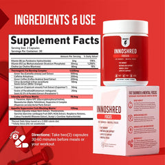 Close-up of Inno Shred Focus label and 60 veggie capsules