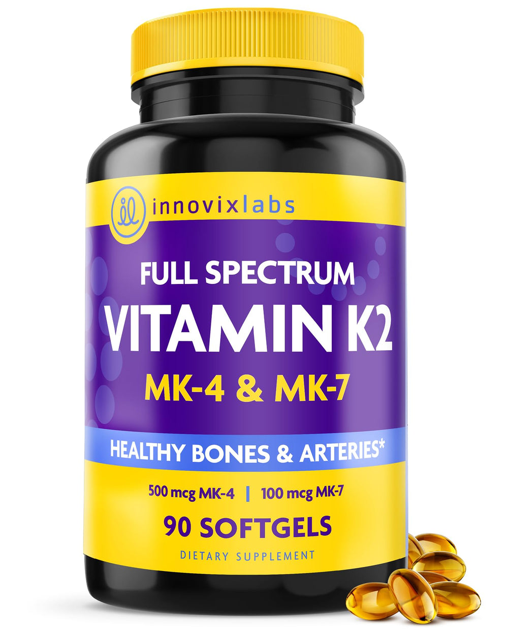 InnovixLabs full spectrum K2 softgels bottle on white for everyday wellness