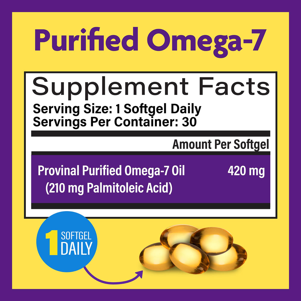 Close-up of Omega 7 softgel capsules