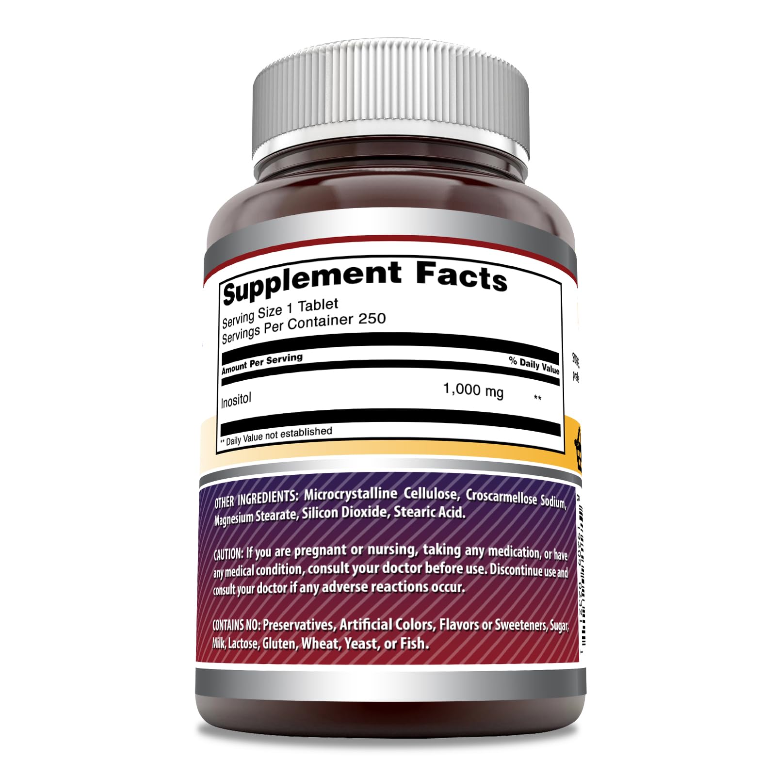 Close-up of Inositol 1000 mg per serving supplement label.
