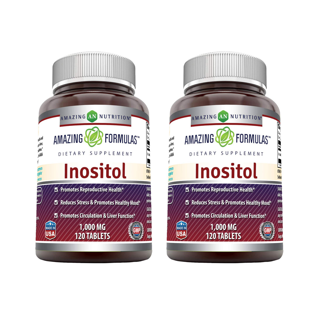 Bottle of Amazing Formulas Inositol 1000mg supplement - 2 pack, 120 tablets