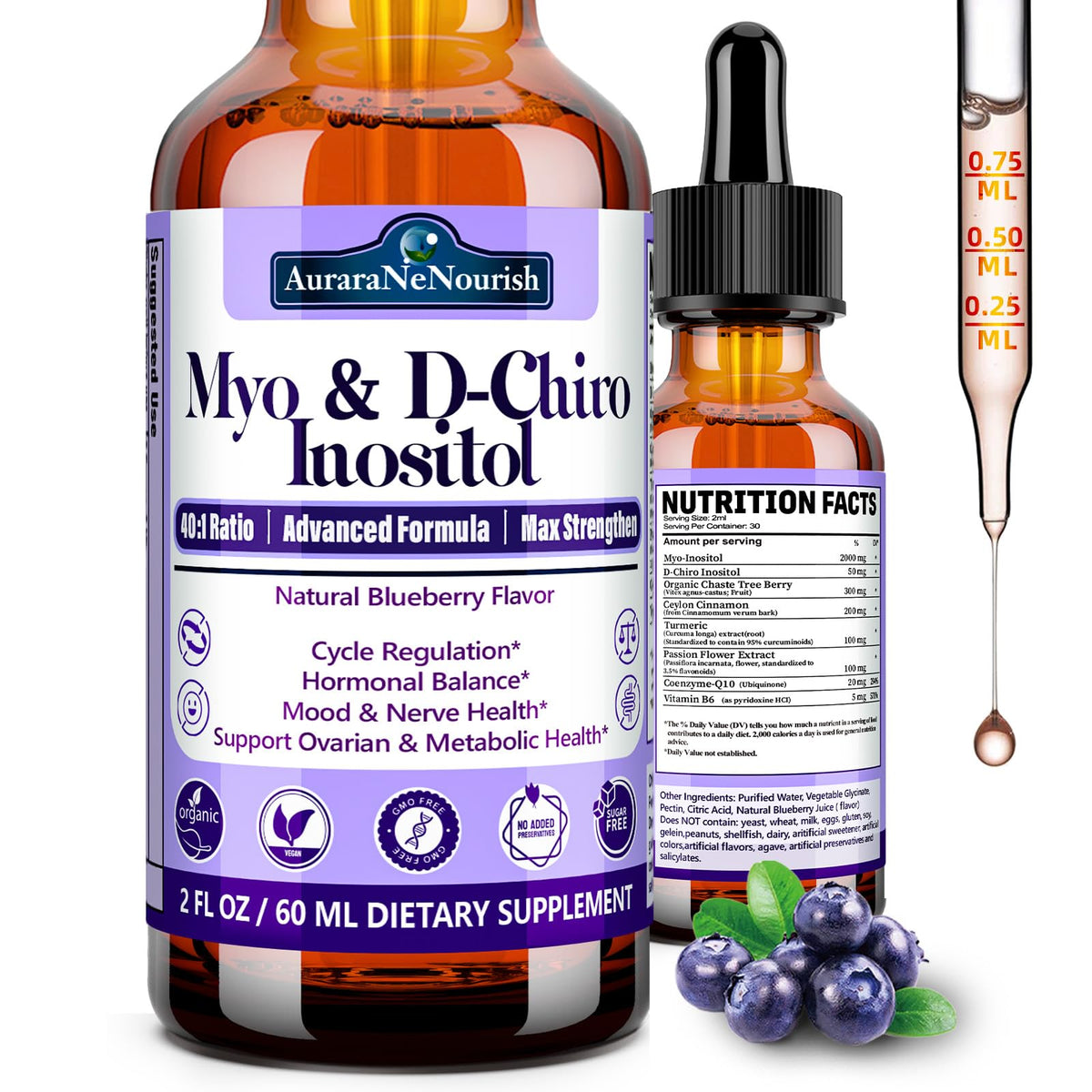 Liquid drops bottle of Myo-Inositol & D-Chiro Inositol supplement for women