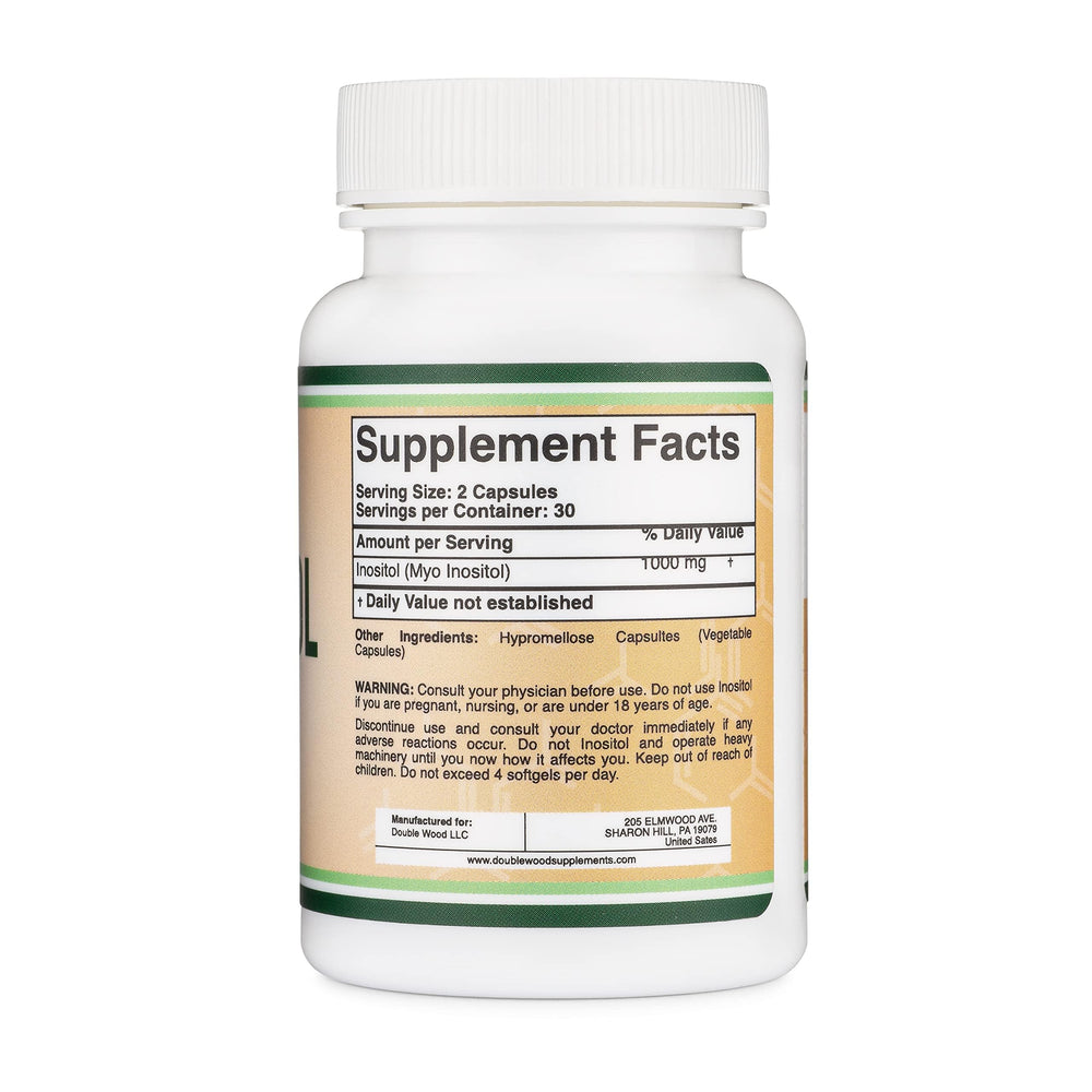 60-count bottle of Inositol capsules on white background