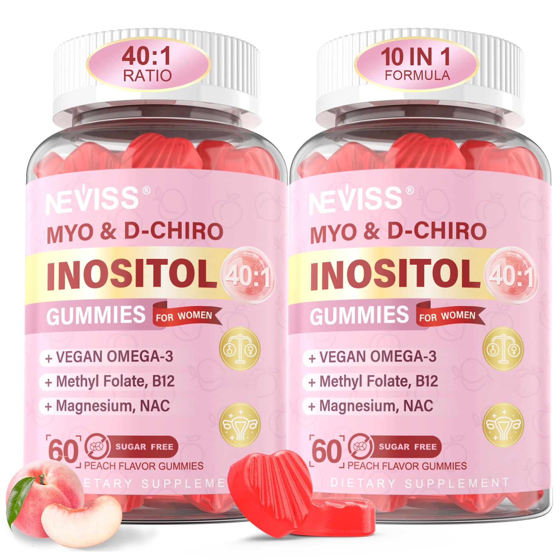Myo-Inositol and D-Chiro Inositol gummies bottle with peach flavor