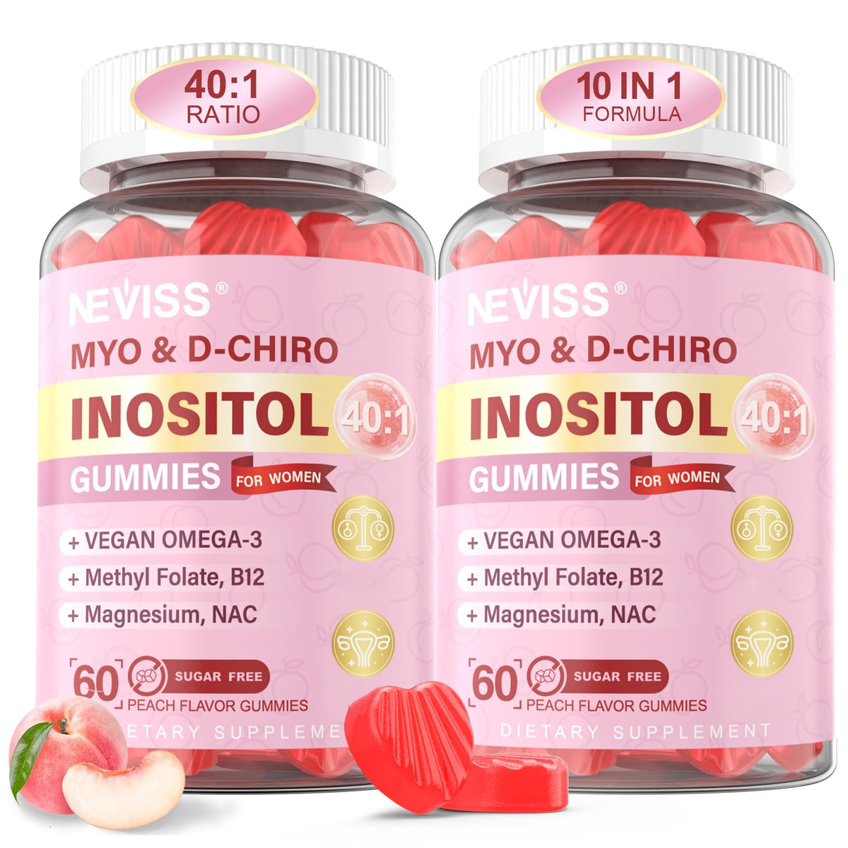 Myo-Inositol and D-Chiro Inositol gummies bottle with peach flavor
