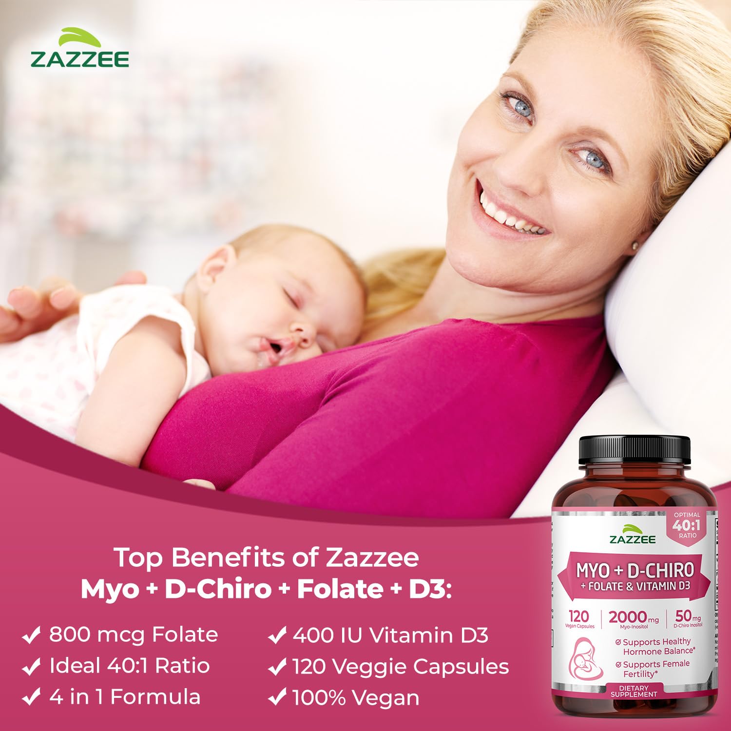 Inositol supplement with D3 and methylfolate for women's health.