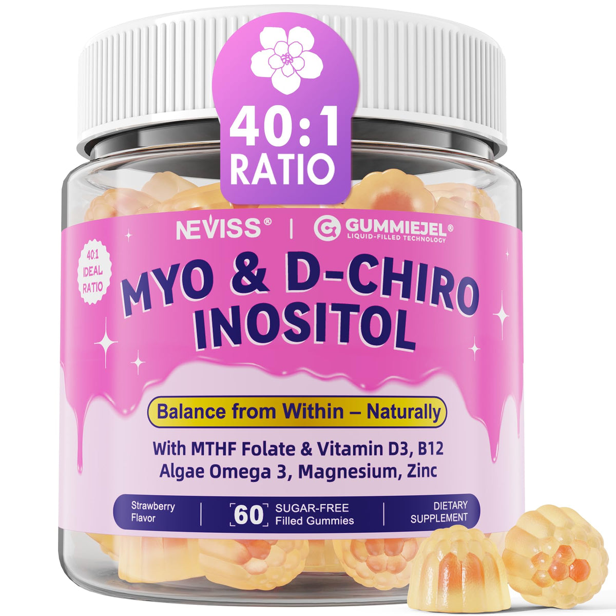 Myo-Inositol & D-Chiro Inositol gummies bottle on white background