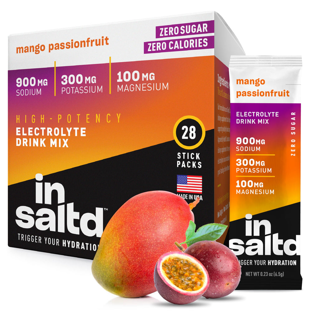Front view of INSALTD Mango Passionfruit 28-pack box