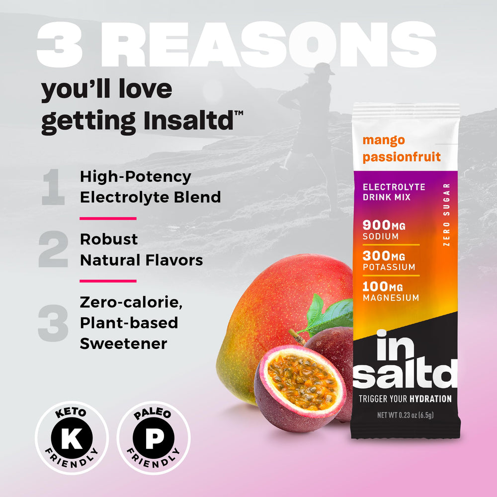 Back view of INSALTD Mango Passionfruit 28-pack packaging.