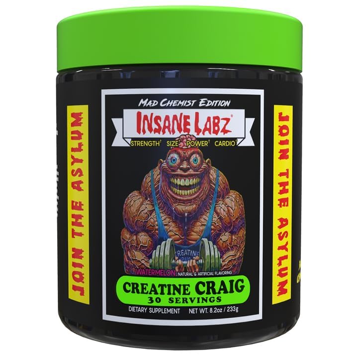Insane Labz Creatine Craig watermelon bottle highlights flavor and workout performance potential.