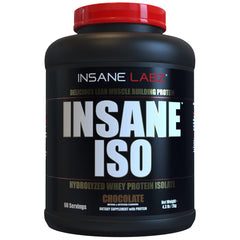 Insane Labz Insane ISO whey chocolate tub closeup for lean muscle support