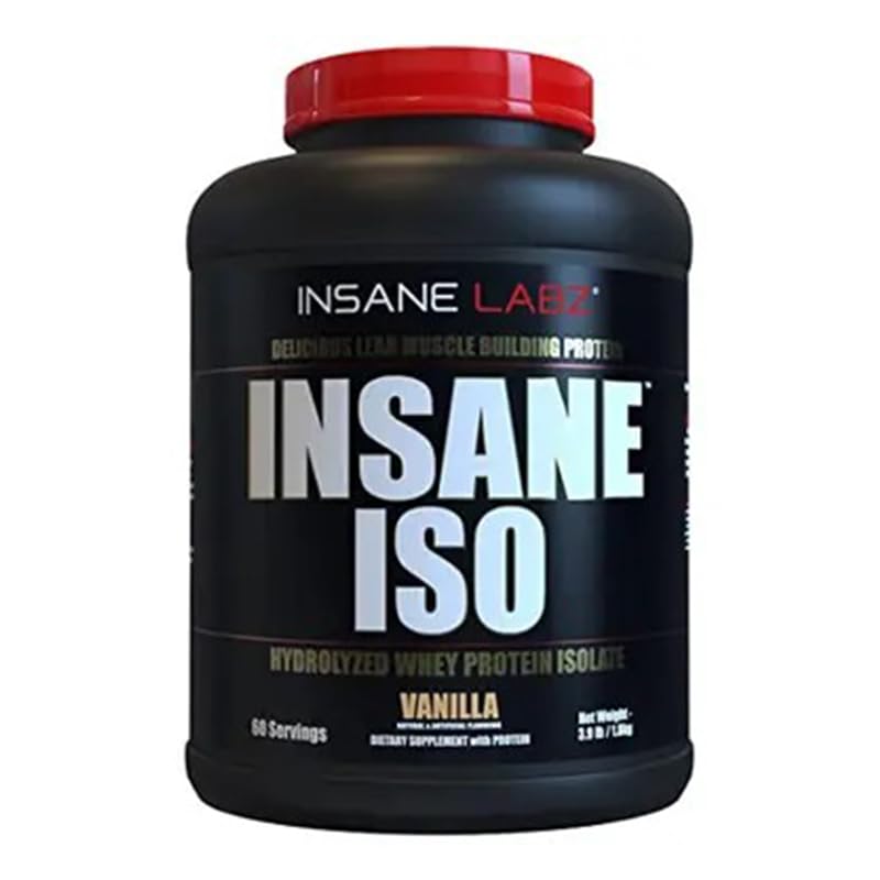 Insane Labz Insane ISO whey shaker with vanilla shows convenient on-the-go protein.