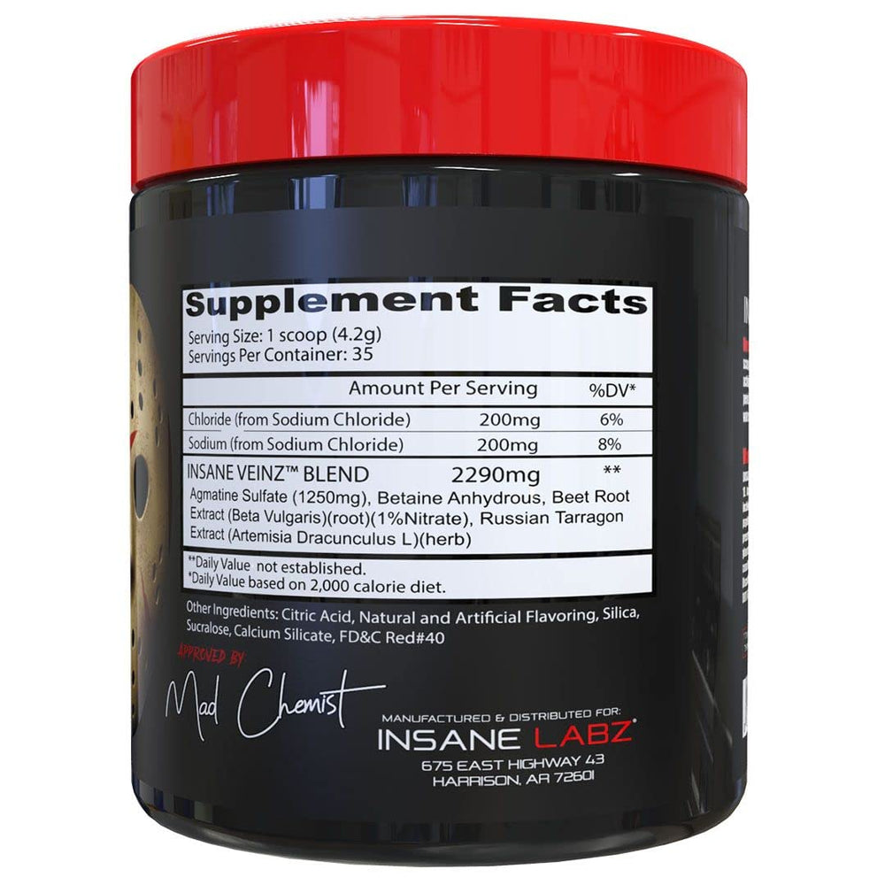 Insane Labz Insane Veinz fruit punch label includes directions.