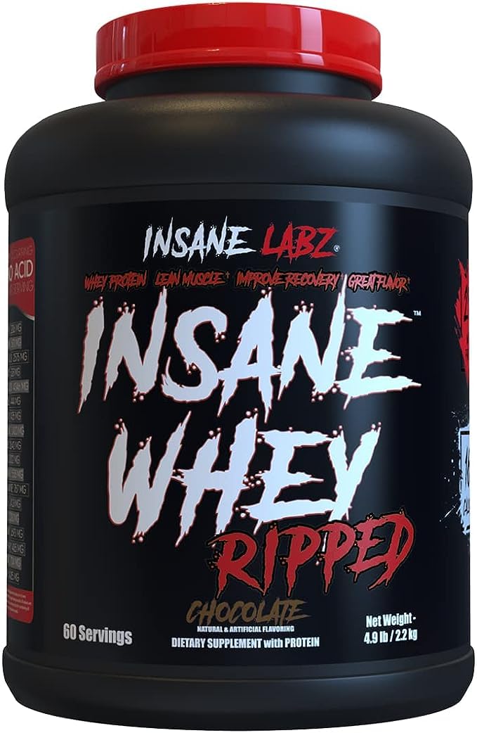Insane Labz Insane Whey Ripped Chocolate protein powder canister with scoop