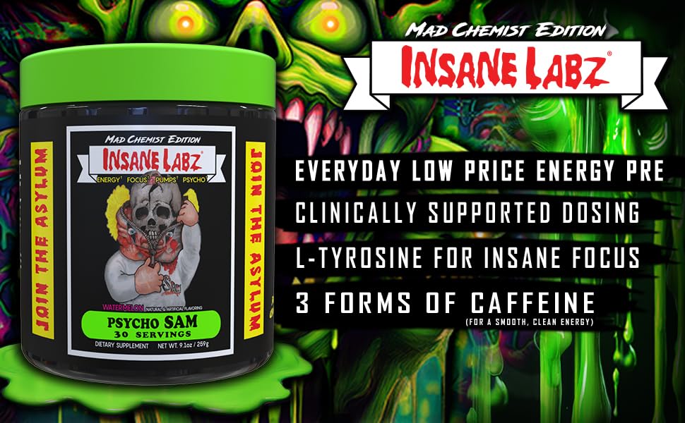 Insane Labz Psycho Sam caffeine formulation signals sustained energy for workouts.