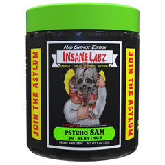 Insane Labz Psycho Sam fruit-punch label highlights high-stimulant pre-workout for intense sessions.