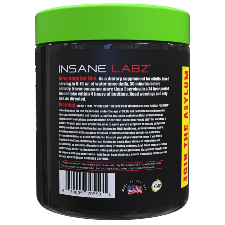 Insane Labz Psycho Sam powder pour with fruit-punch aroma boosts focus.