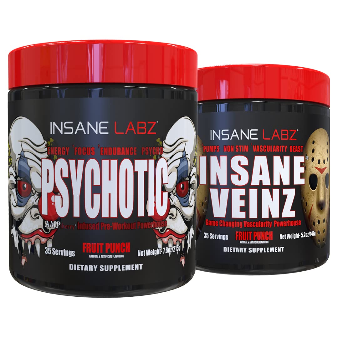 Insane Labz Psychotic fruit punch bottle boosts energy for workouts.