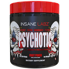 Insane Labz Psychotic fruit punch label shows flavor and dosage guidance。