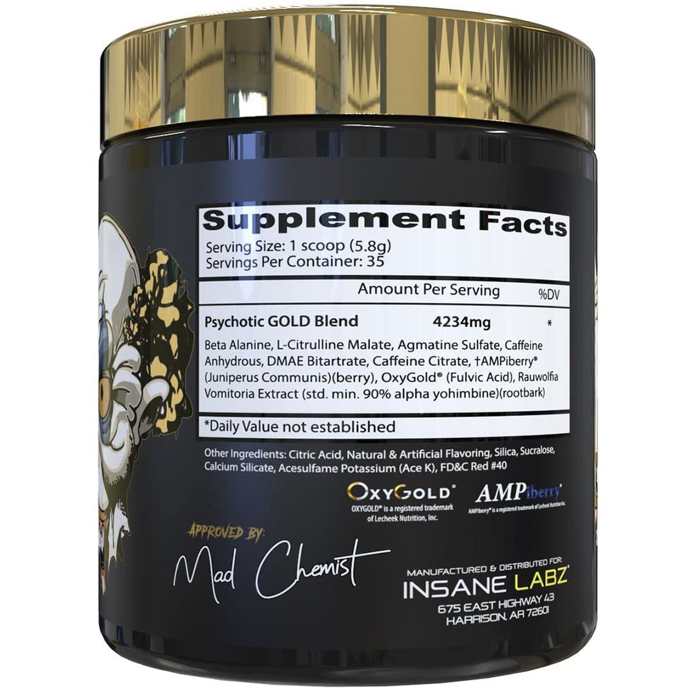 Insane Labz Psychotic Gold scoop shows powder for quick pre-workout mixing.