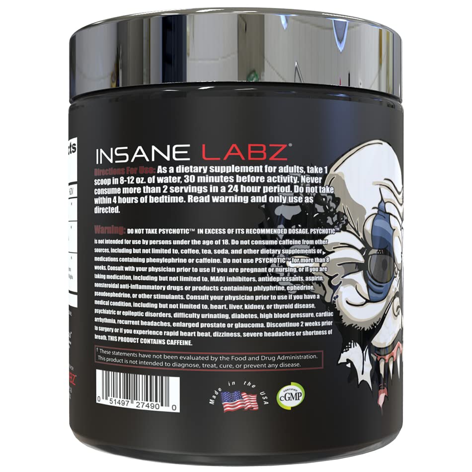 Insane Labz Psychotic Test label close-up highlights ingredients like DMAE and creatine for energy support