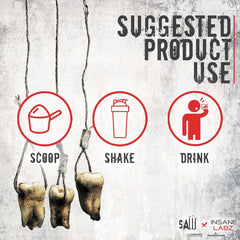 Serving scoop with Bloodbath powder against red background