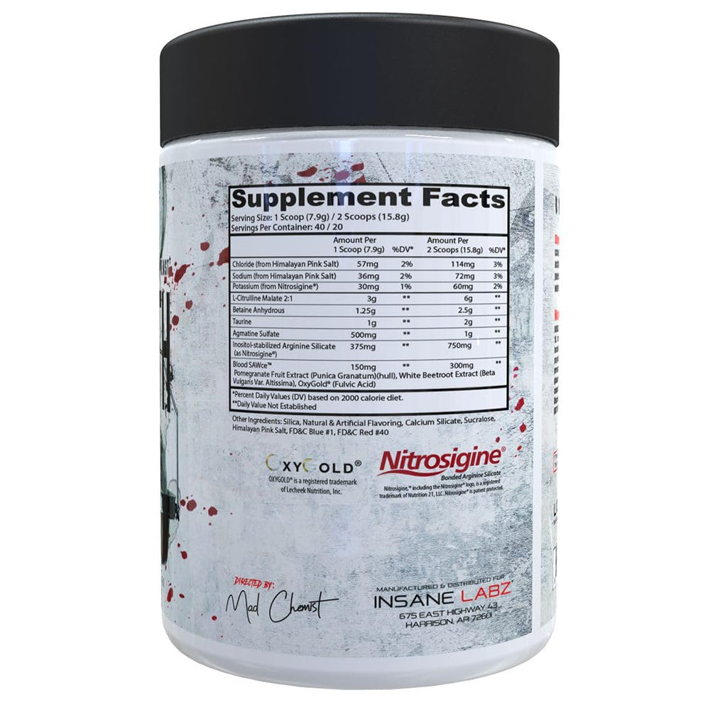 Insane Labz Saw Bloodbath label design highlighting Nitrosigine and OxyGold ingredients