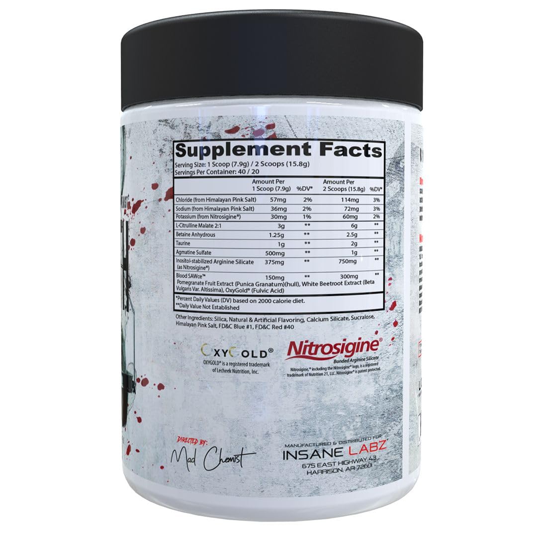 Insane Labz Saw Bloodbath label design highlighting Nitrosigine and OxyGold ingredients