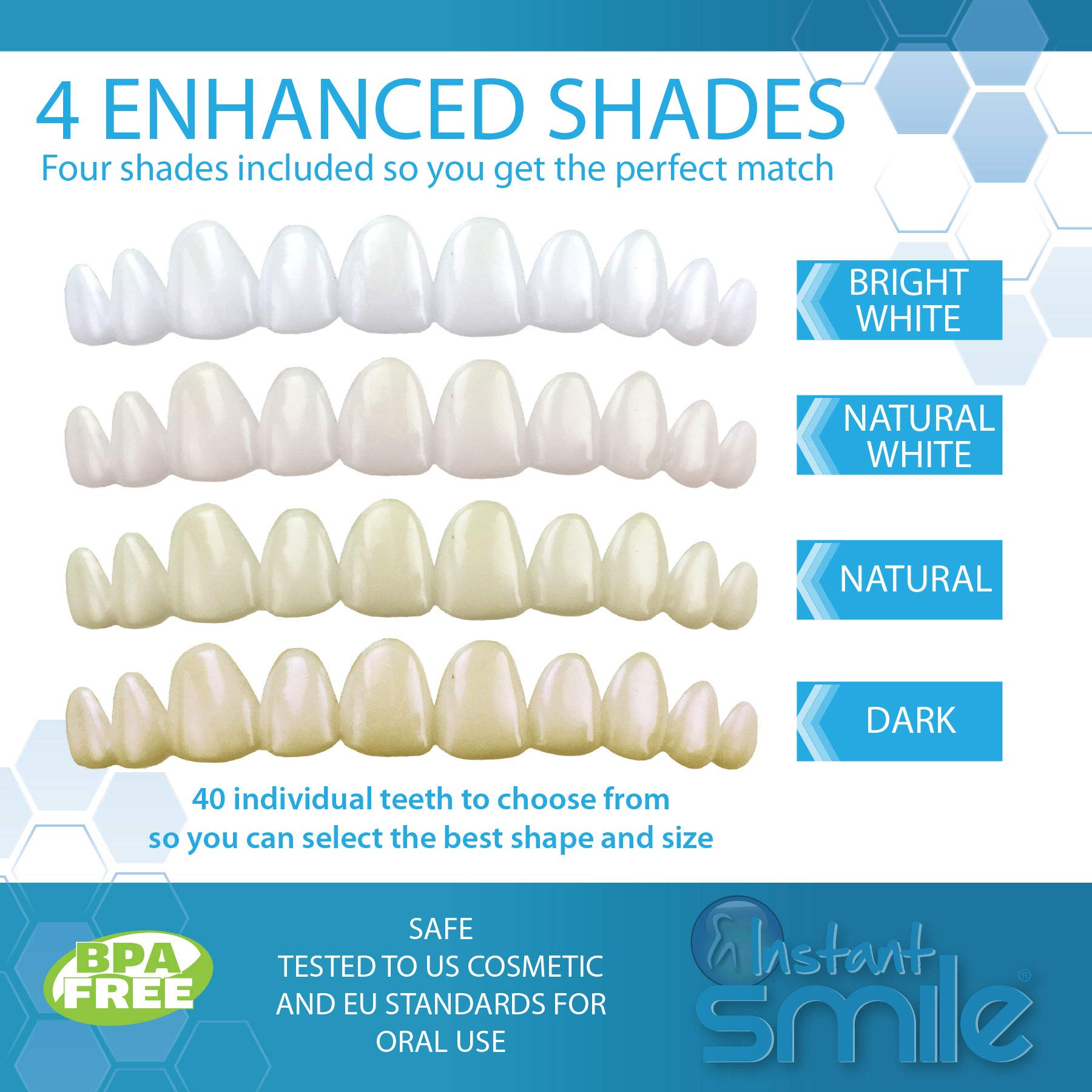 Four shade options for Instant Smile teeth