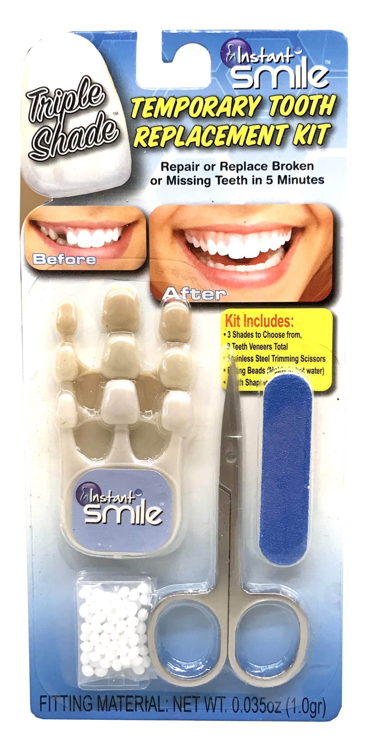 Instant Smile Triple Shade Temporary Tooth Kit showing 9 molded teeth in three shade options
