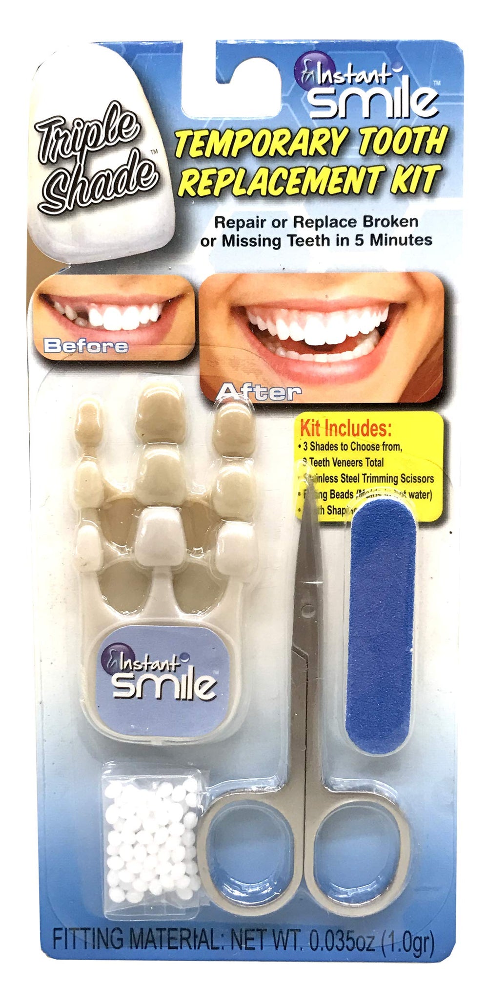 Instant Smile Triple Shade Temporary Tooth Kit showing 9 molded teeth in three shade options
