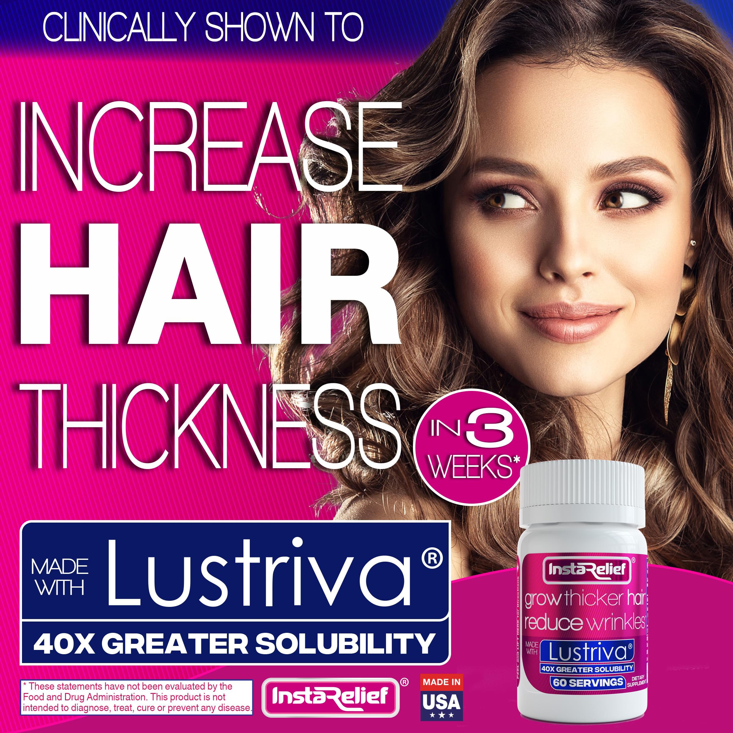 InstaRelief Lustriva ingredient blend highlighting biotin and absorption benefits.