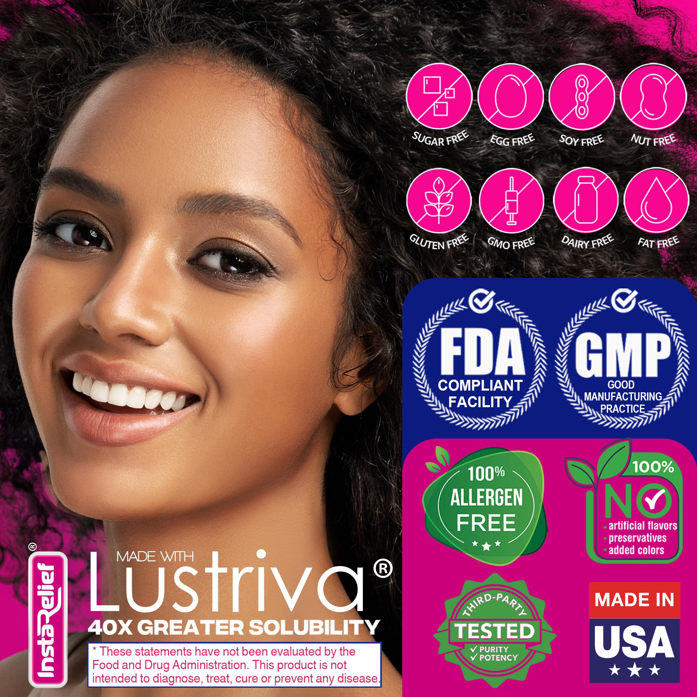 InstaRelief vegan allergen-free formula for clean daily nutrition.