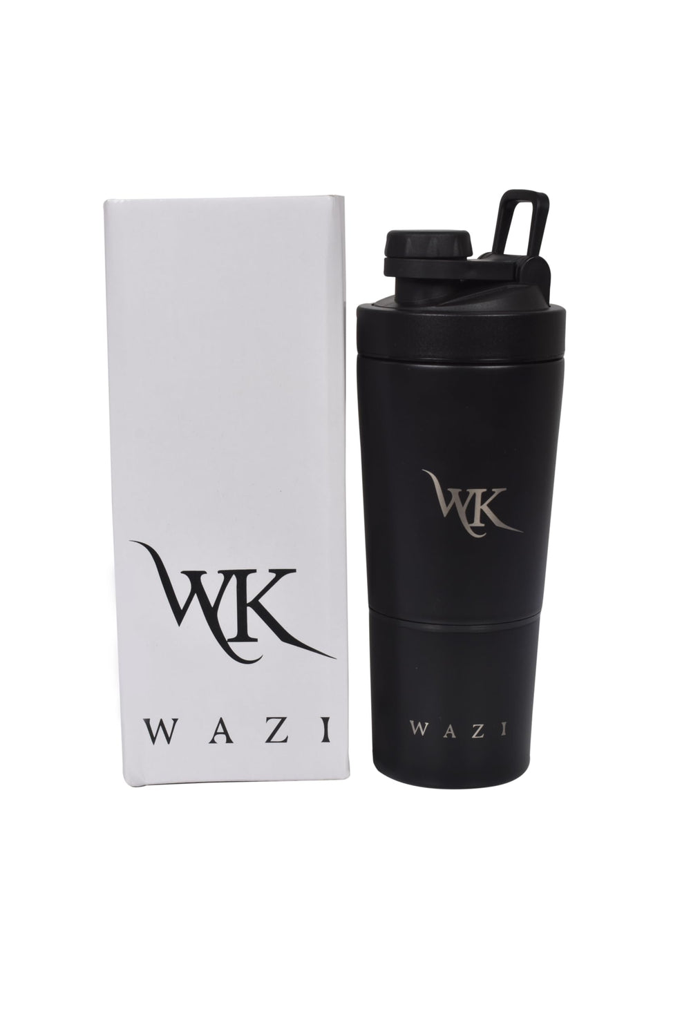 Insulated Protein Shaker Bottle in use on a gym bag for on-the-go hydration.