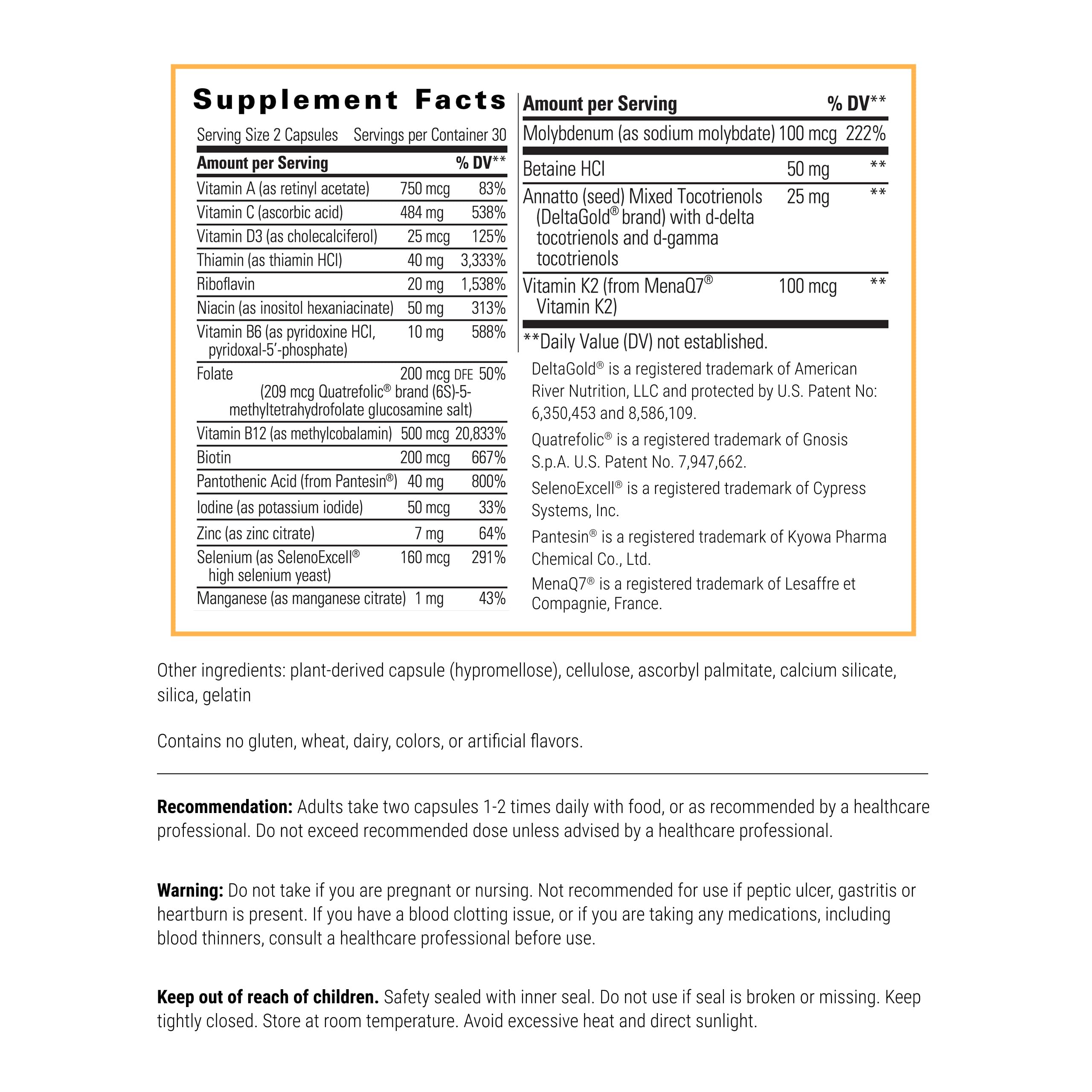 Close-up of vitamin and mineral ingredients on label